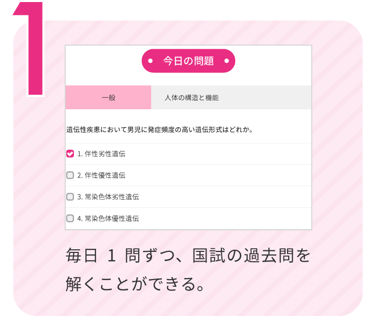 1.毎日1問ずつ、国試の過去問を解くことができる。